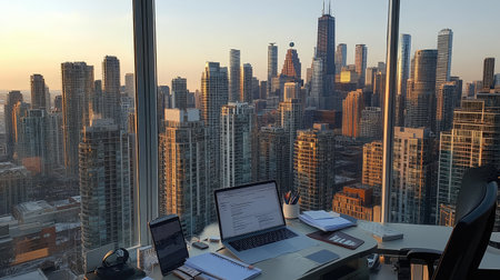 A stylish modern workspace featuring a laptop and notepad by a large window, presenting a breathtaking view of a vibrant city skyline at sunset, ideal for inspiration.の素材
