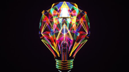 This vibrant and colorful light bulb design features stunning geometric patterns and reflections, representing creativity and innovation in a modern artistic style.の素材