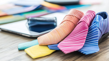 A vibrant collection of ties in various colors and patterns arranged next to a smart device, showcasing stylish options for enhancing professional attire and personal flair.の素材