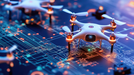 A captivating close-up of a drone positioned on a multicolored circuit board, showcasing advanced technology with bright lights and intricate digital patterns. Perfect for tech themes.の素材