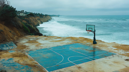 A solitary basketball court rests near the ocean, with waves crashing against the shore and cliffs in the background, creating a tranquil yet empty atmosphere.の素材