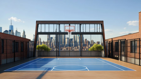 A striking rooftop basketball court featuring a vibrant blue surface and a stunning city skyline in the background, perfect for sports enthusiasts and urban settings.の素材