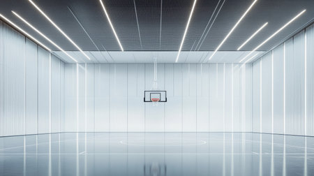 Discover a contemporary basketball court featuring a sleek design, bright lighting, and smooth surfaces, perfect for showcasing athletic performance and activity.の素材