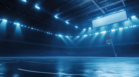 This image of an empty basketball court features dramatic lighting effects and a serene atmosphere, ideal for illustrating sports events, competitions, or fitness themes.の素材