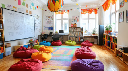 Cheerful classroom environment featuring bright bean bags, a large whiteboard, and ample natural light, ideal for creative learning and collaborative activities.の素材