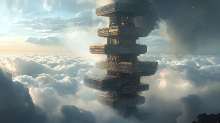 A stunning futuristic tower rises above the clouds, bathed in soft sunrise light. This intriguing architectural concept creates a dreamlike atmosphere perfect for exploration.の素材