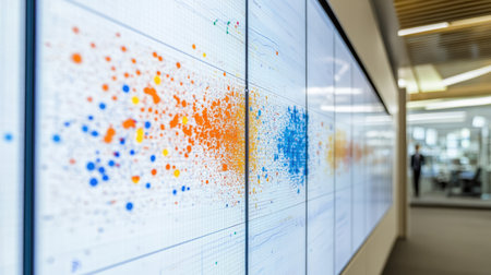 Vibrant data visualization displayed on a large screen in a modern office showcases various trends through colorful dots, reflecting data analysis and technology advancements.の素材