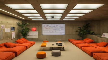 A stylish and inviting workspace designed for collaboration and creativity, featuring vibrant orange seating, a large presentation screen, and a relaxed atmosphere for team discussions.の素材