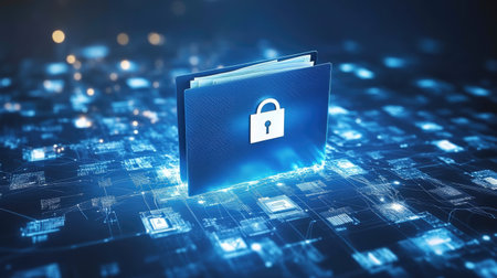 This image illustrates a blue folder featuring a lock symbol, surrounded by glowing data connections, emphasizing the importance of digital security and data protection.の素材