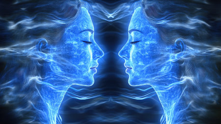 Captivating image of two ethereal faces in blue light, merging beautifully in an abstract style, evoking feelings of connection, emotions, and spiritual exploration.の素材