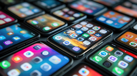 A visually captivating arrangement of modern smartphones showcasing vibrant app icons and digital interfaces, emphasizing the blend of technology and communication in daily life.の素材