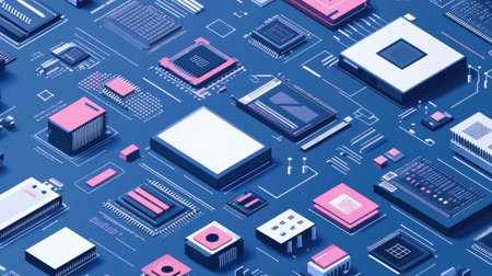 A visually striking abstract design of computer chips and electronic components, set against a blue background, representing the essence of modern technology and innovation.の素材