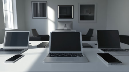 A stylish modern workspace featuring several laptops and smartphones on a clean white desk, set in a bright and airy office to inspire productivity and design aesthetics.の素材