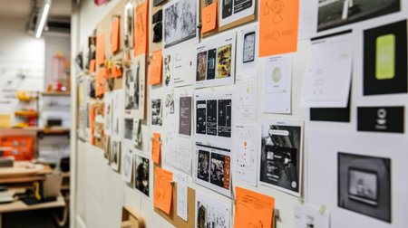 A dynamic workspace showcases creative design inspiration featuring colorful sticky notes on a bulletin board amidst visual projects in a modern office setting.の素材