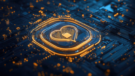 A captivating heart shaped circuit design brings together the themes of technology and emotion, showcasing glowing lines on a blue background in a modern visual style.の素材