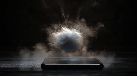 This striking image features a sleek smartphone enveloped in swirling smoke and ethereal light, creating a captivating atmosphere perfect for technology and art themes.の素材