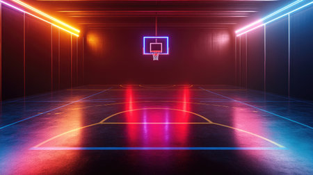 A stunning basketball court featuring vibrant neon lights and reflections on a glossy floor. Ideal for sports-themed projects, creative events, and urban aesthetics.の素材