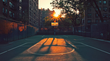 A serene sunset view of an empty basketball court framed by urban buildings, showcasing the dramatic interplay of light and shadows on the ground. Perfect for sports themes.の素材