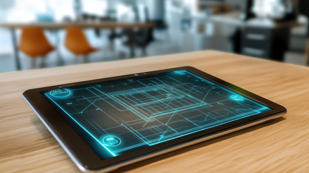 A tablet computer displays a vibrant digital blueprint in a sleek workspace, highlighting the future of design and technology integration in modern projects.の素材