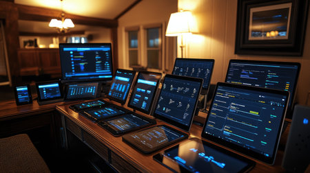 A beautifully arranged workspace featuring various digital devices showcasing data interfaces. The warm lighting adds a cozy atmosphere to enhance productivity and creativity.の素材