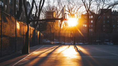 A beautiful sunset casts a warm glow over an empty basketball court in an urban neighborhood, highlighting shadows and creating a peaceful evening scene.の素材