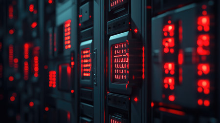A captivating view of a high-tech data center illuminated with a striking red glow, showcasing servers and intricate digital network technology vital for modern information management.の素材