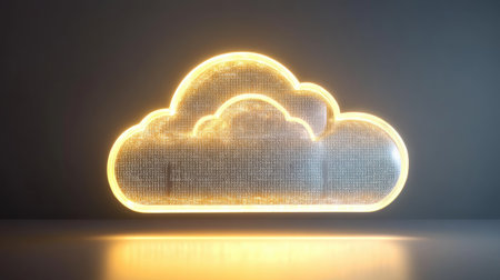 A glowing cloud icon stands out against a dark background, symbolizing digital storage and data management. This modern design is perfect for technology-related themes.の素材