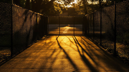 A peaceful urban park pathway is bathed in warm evening light, casting intricate shadows through a chain link fence, creating a serene and tranquil atmosphere.の素材