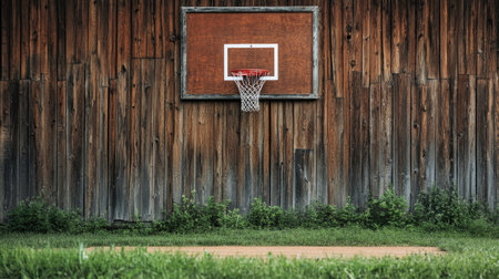 A charming rustic basketball hoop is set against a weathered wooden wall, surrounded by lush green grass, providing an inviting setting for casual games and summer fun.の素材