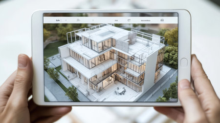 A hands-on view of a digital architectural model displayed on a tablet, showcasing a modern building in an outdoor setting, combining innovation with design.の素材