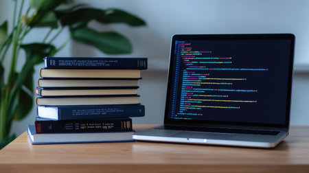 A sleek laptop displays vibrant coding on its screen, set alongside a stack of books, creating an inviting workspace enriched with greenery in a modern interior.の素材
