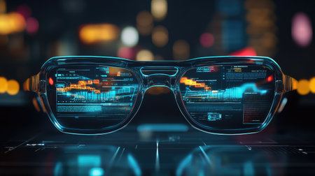 A pair of futuristic smart glasses displays vibrant digital data and analytics in a tech-savvy urban environment, capturing the essence of modern innovation.の素材