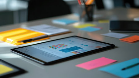 Bright and modern workspace featuring a digital tablet with a colorful interface surrounded by sticky notes and office supplies, ideal for enhancing creativity and productivity.の素材