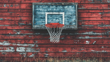 A rustic basketball hoop hangs on a weathered red barn wall, framed by peeling paint and surrounding grass, creating a nostalgic rural sports atmosphere.の素材