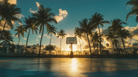 A stunning sunset illuminates a basketball court surrounded by tall palm trees. The silhouette creates a beautiful scene filled with tranquility and inspiration for sports lovers.の素材