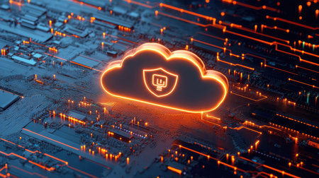 This image depicts a glowing digital cloud with a protection symbol, set against a circuit board background, representing modern cybersecurity and data safety concepts.の素材