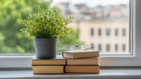A cozy home scene featuring a stack of books on a window sill adorned with a decorative potted plant, creating a serene atmosphere perfect for reading or relaxing.の素材