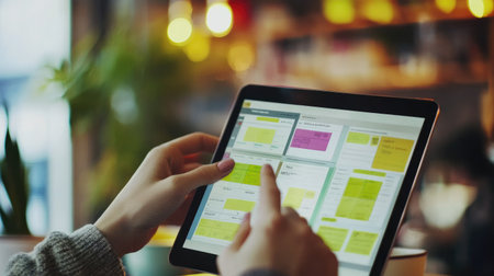A person interacts with a tablet in a cozy cafの素材