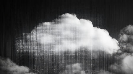 This abstract digital cloud artwork features intricate data patterns on a contrasting monochrome background, symbolizing the intersection of nature and technology.の素材