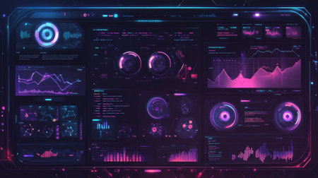 Explore a captivating futuristic digital dashboard filled with vibrant neon colors. This high-tech interface displays various data visualizations, charts, and analytics.の素材