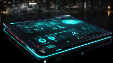 This image showcases a futuristic digital interface featuring vibrant neon accents and data visualization elements. It embodies modern technology in an urban setting.の素材