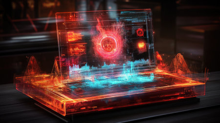 Explore a striking futuristic laptop featuring a holographic display with vivid data visualizations in red and blue lights. Perfect for tech-themed projects.の素材