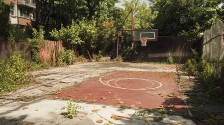 A once vibrant basketball court now lies abandoned and overgrown with weeds, showcasing the contrast between nature and urban decay on a sunny day.の素材