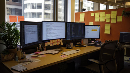 A vibrant office work environment showcasing three computer monitors, colorful sticky notes, and plants, ideal for coding, productivity, and creative work.の素材
