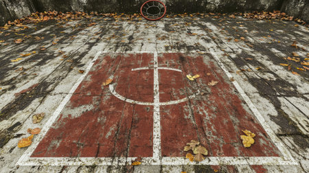 A deserted basketball court lies covered in autumn leaves, showcasing a weathered surface and a rusty hoop, encapsulating a sense of urban decay and tranquility.の素材