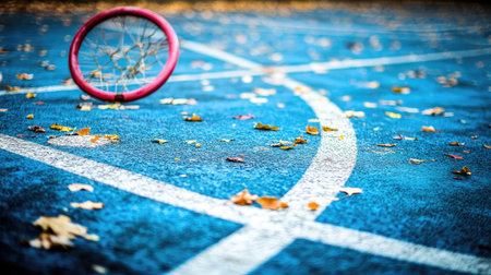 A close-up view of a pink bicycle wheel rests on a vibrant blue basketball court, surrounded by colorful autumn leaves, creating a striking seasonal composition.の素材