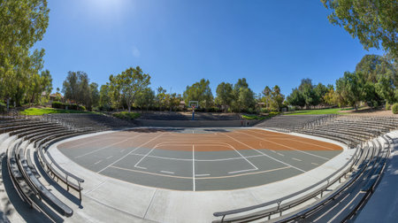 This image captures a wide-angle view of an outdoor basketball court in an urban park, empty of players, surrounded by trees and bleacher seating under a clear blue sky.の素材