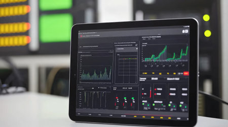 A sleek tablet showcasing detailed data visualization with graphs and charts in a modern analytical setup, highlighting advanced technology and user-friendly interface.の素材