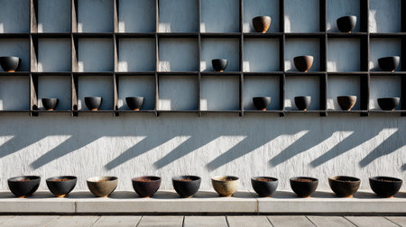 A captivating view of assorted ceramic bowls artfully displayed on a sleek wall shelf, showcasing shadows and light to highlight texture and form in a serene atmosphere.の素材