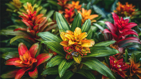 A stunning display of vibrant tropical flowers showcases bold colors and lush green leaves, capturing the essence of a flourishing garden, perfect for nature lovers.の素材